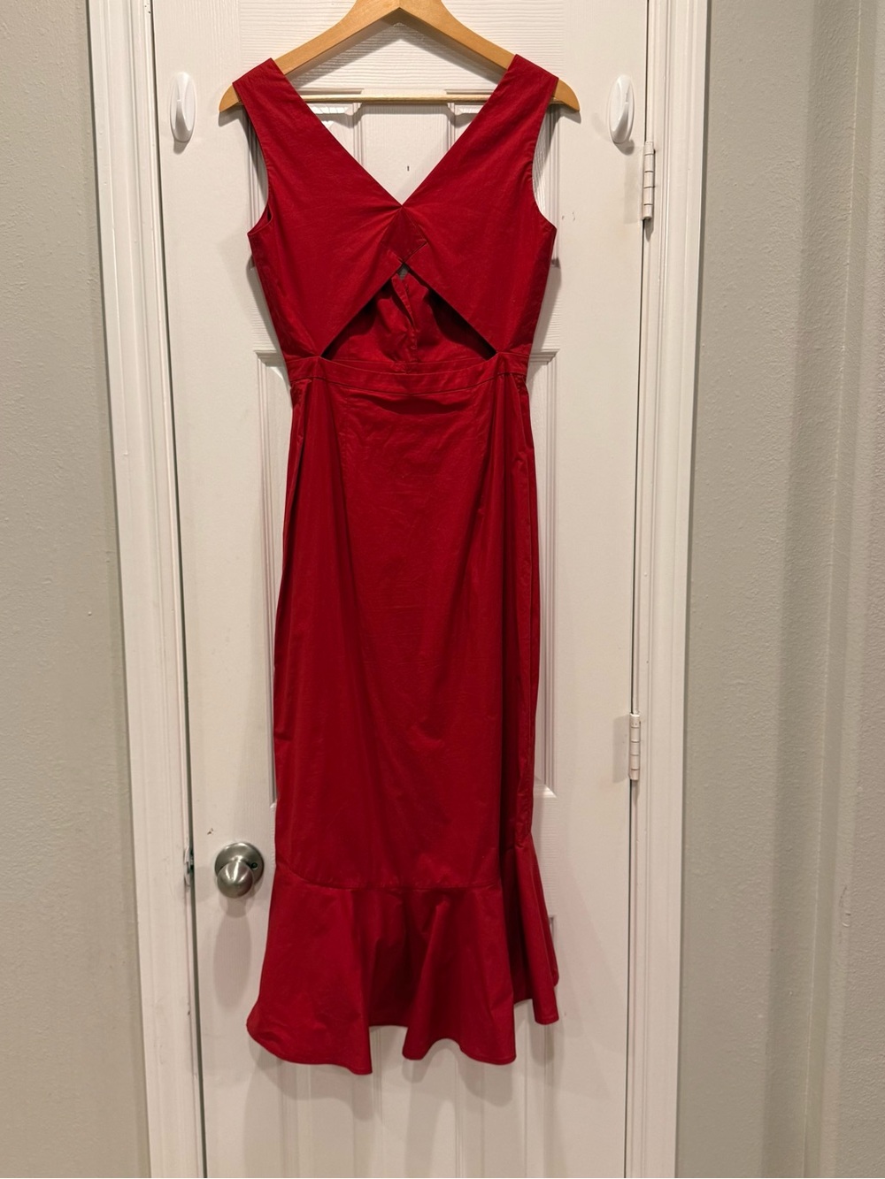 SALONI Zoey Cut Out Cotton Poplin Midi Dress Fluted Hem Red Button Down V Neck 4 - Picture 4 of 12